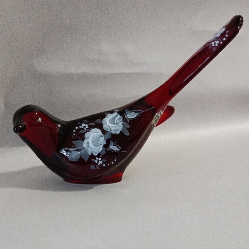 Fenton Ruby Red Bird Of Happiness Hand Painted White Roses Signed